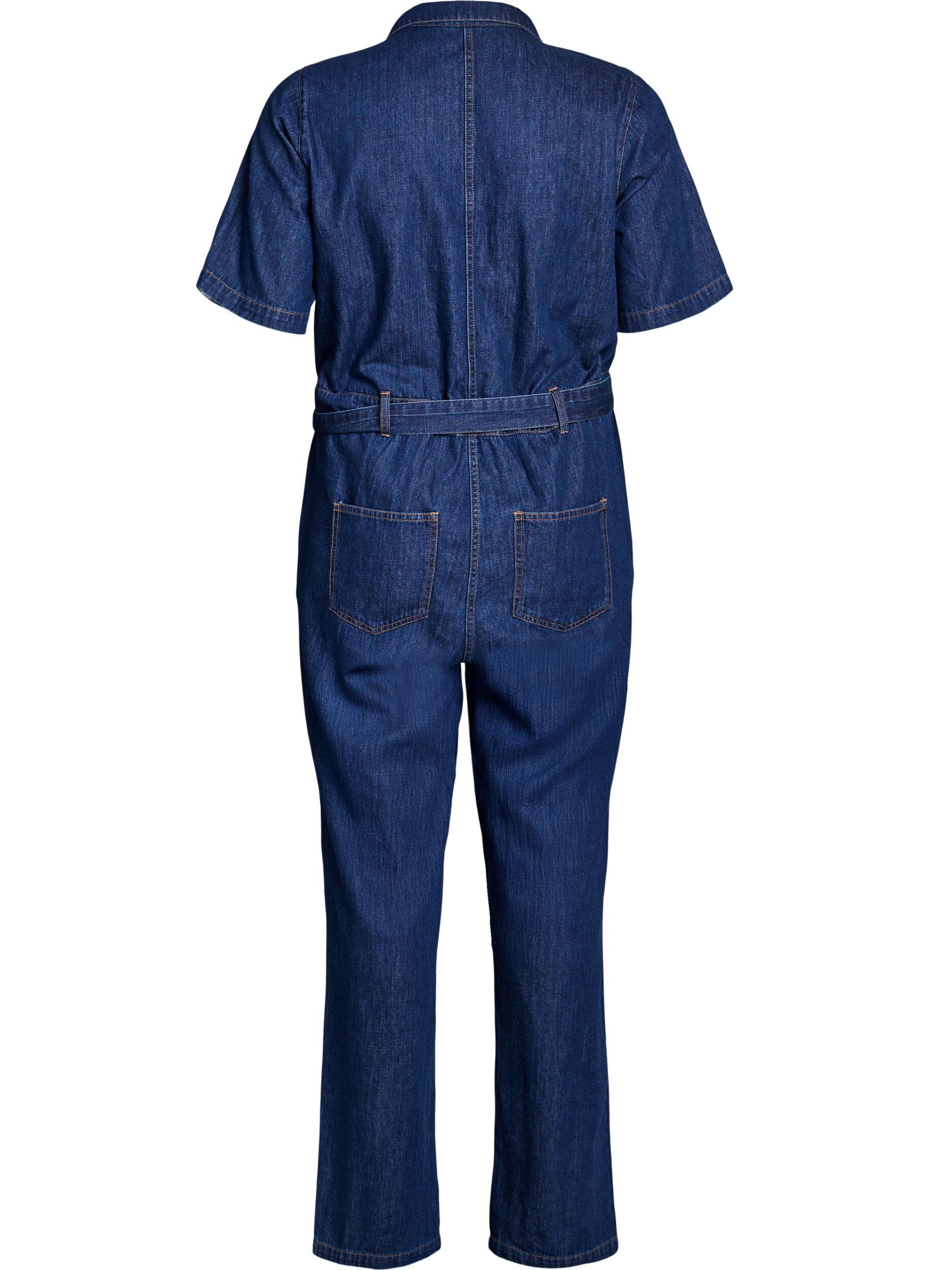 ZizziDenim jumpsuit met korte mouwen en een strikceintuur, Blauw, Packshot image number 1