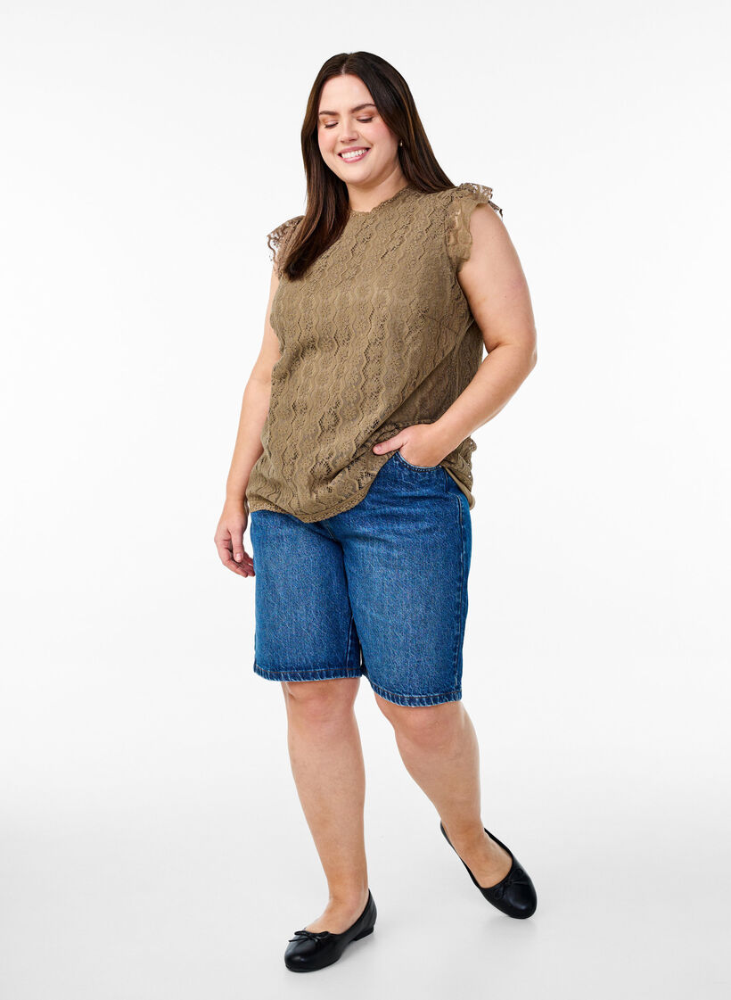 Kanten top met ruchesdetails, Bruin, Model image number 1