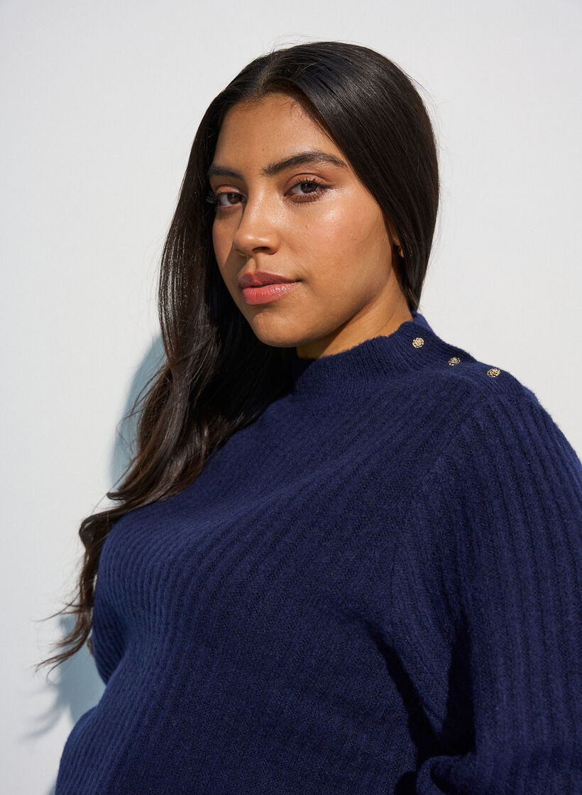 Geribde trui met pofmouwen en knopen, Blauw, Model image number 3