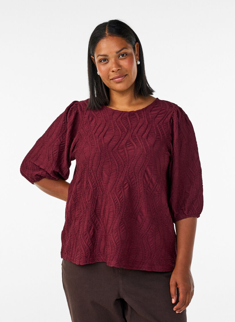 Blouse met textuur en 3/4 mouwen, Rood, Model image number 0