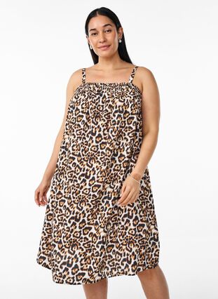 ZizziKorte viscose jurk met spaghettibandjes, Eggnog Leo AOP, Model image number 0