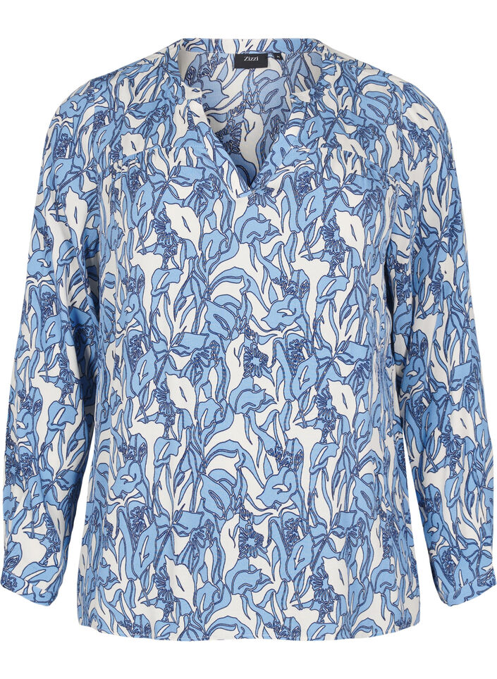 Blouse met lange mouwen, print en V-hals, Vanille, Packshot image number 0