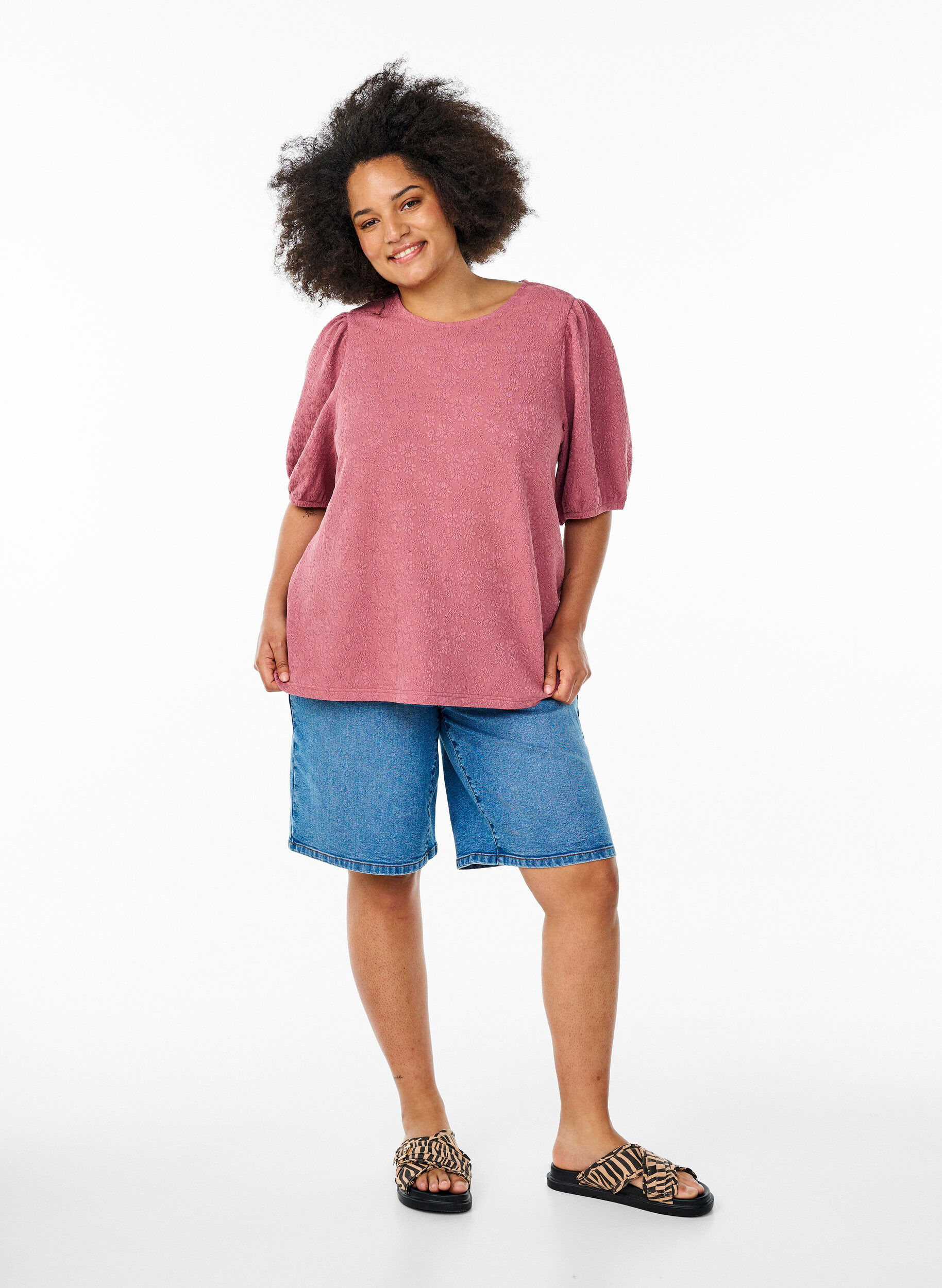 ZizziGestructureerde blouse met korte mouwen, Rood, Model image number 1