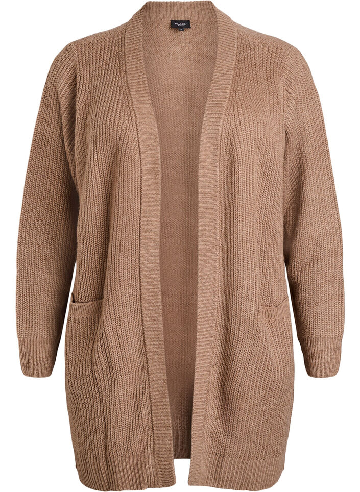 FLASH - Lange ribgebreide vest met zakken, Bruin, Packshot image number 0