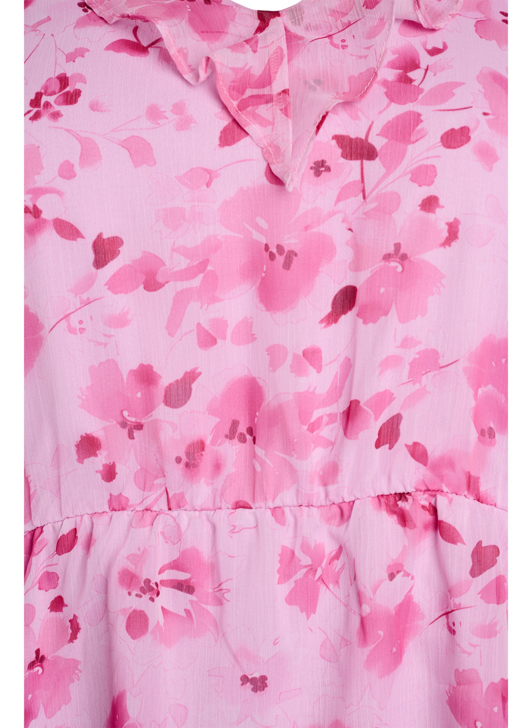 Zizzi Blouse fleurie avec col &agrave; volants et effet peplum, Rose, Packshot image number 2