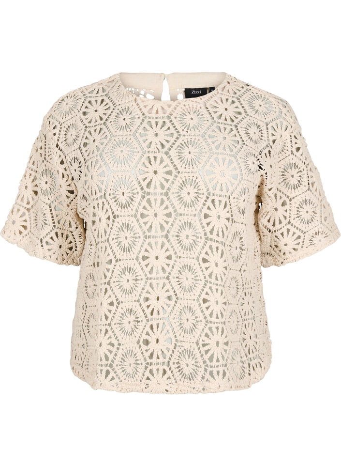Haakblouse met korte mouwen, Beige, Packshot image number 0
