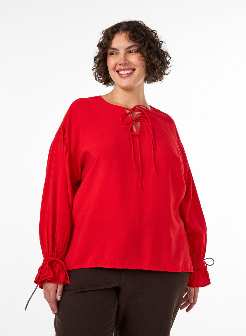 Viscose blouse met strikjes en ruches, Rood, Model image number 0