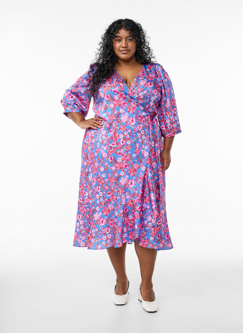 Omslagjurk met bloemenprint met 3/4 mouwen, Blue Pink Flower, Model