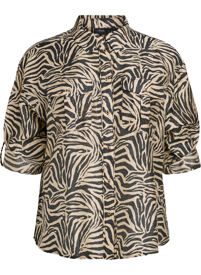 Los shirt met dierenprint en borstzakken, Zwart, Packshot image number 0