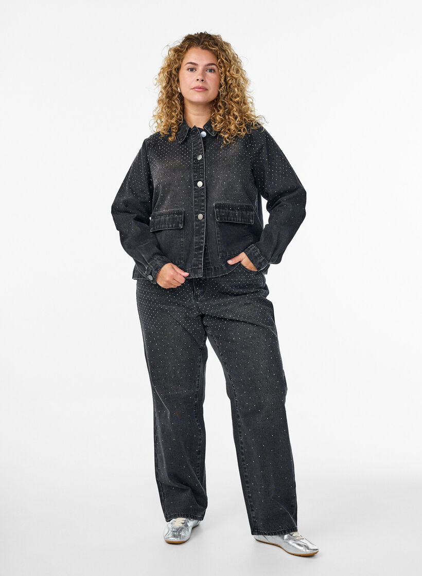 Straight-fit jeans met rhinestones en een hoge taille, Grijs, Model image number 0