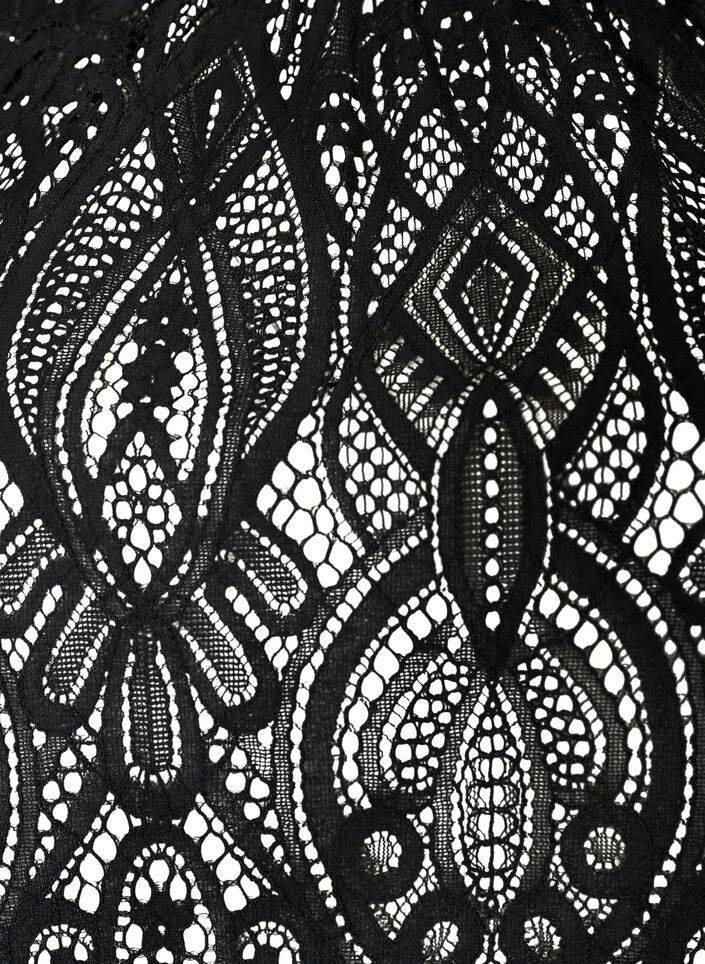 Kanten blouse met lange trompetmouwen en ruches, Zwart, Packshot image number 2