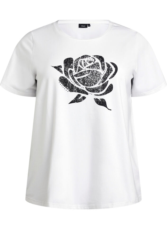 T-shirt in biologisch katoen met bloemenprint, B. White w. Rose, Packshot image number 0