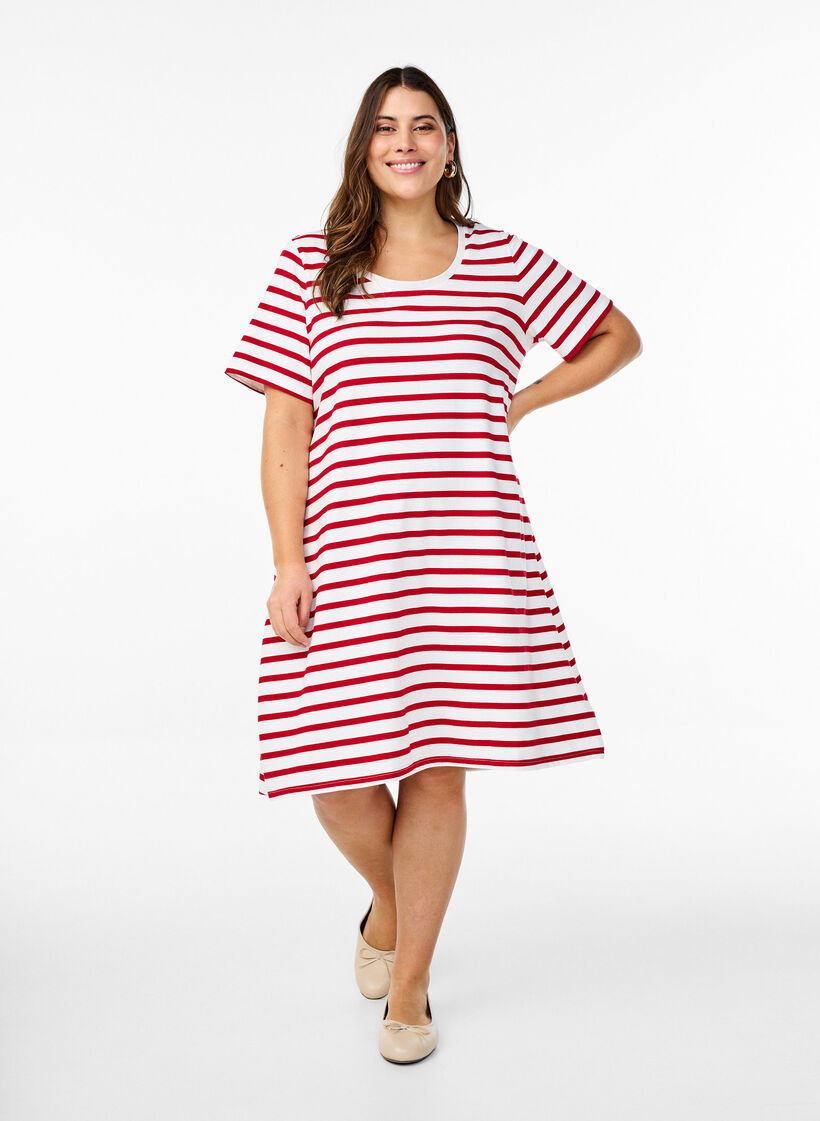 Gestreepte jersey jurk met korte mouwen, Rood, Model image number 0