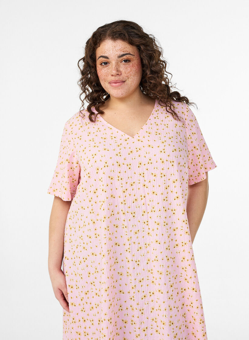 Jurk met korte mouwen en een V-hals, Roze, Model image number 2