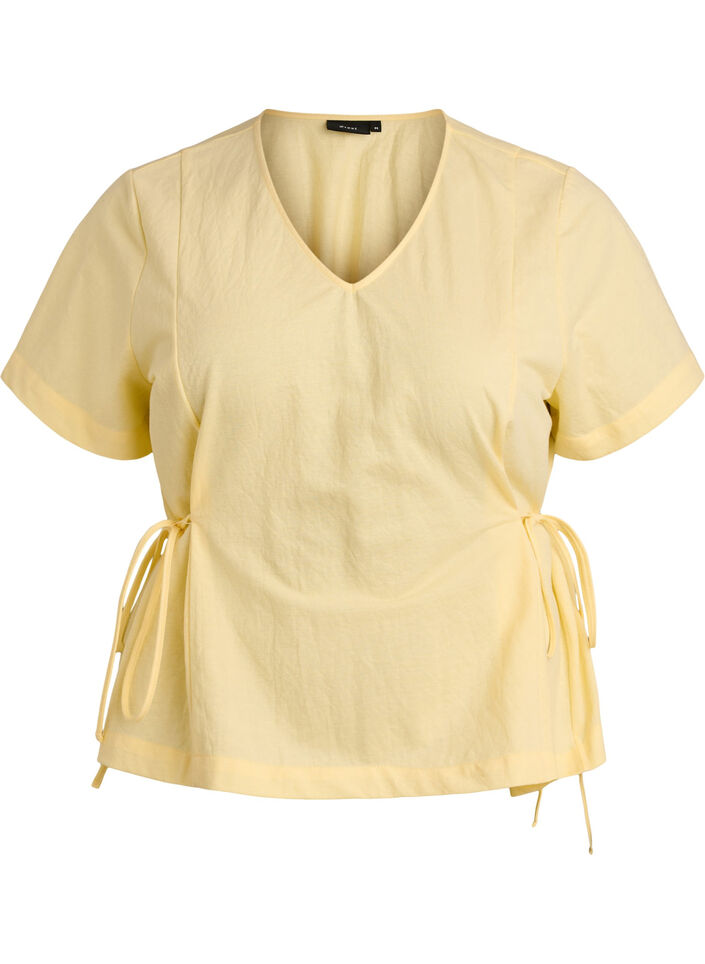 Blouse in een katoenmix met V-hals en striklint, Geel, Packshot image number 0