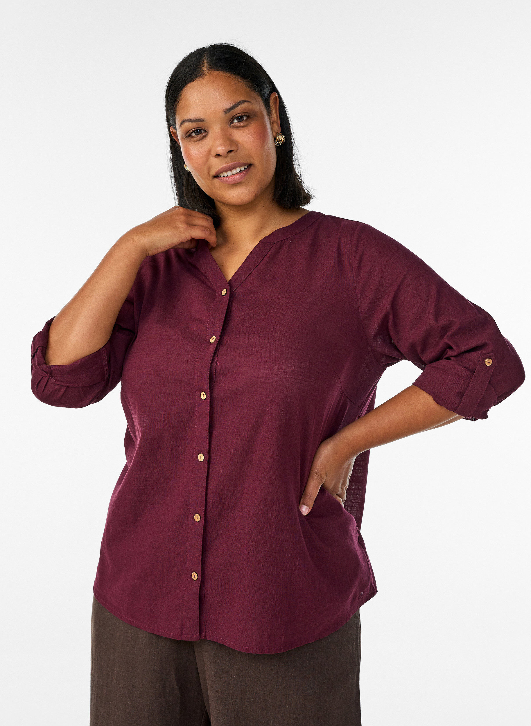 Katoenen blouse met een V-hals, Rood, Model