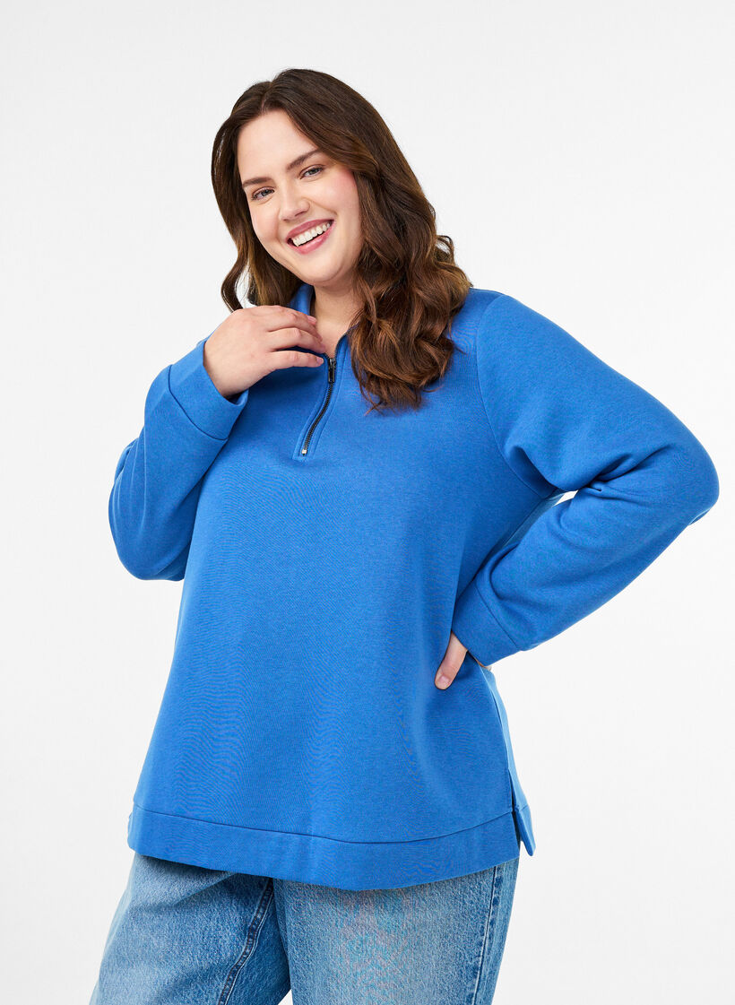 Sweatshirt met hoge hals en ritssluiting, Blauw, Model image number 0