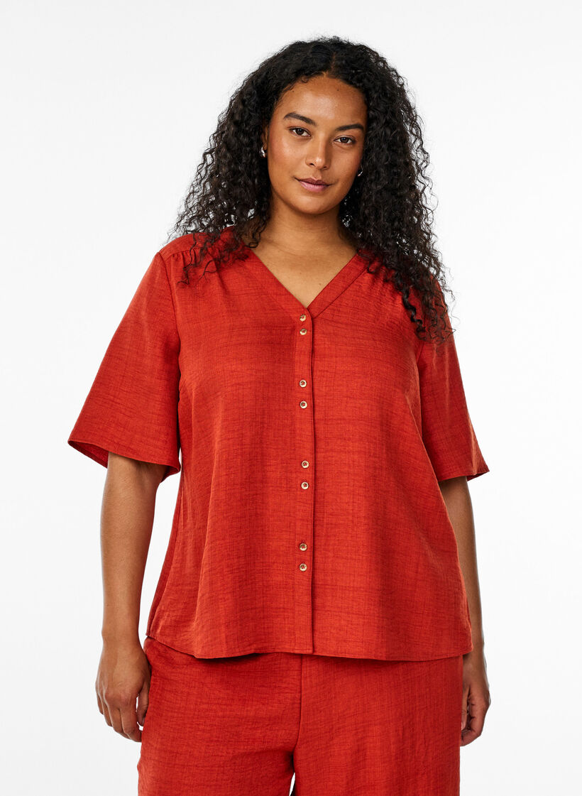 Overhemd blouse met V-hals en korte mouwen, Rood, Model image number 0