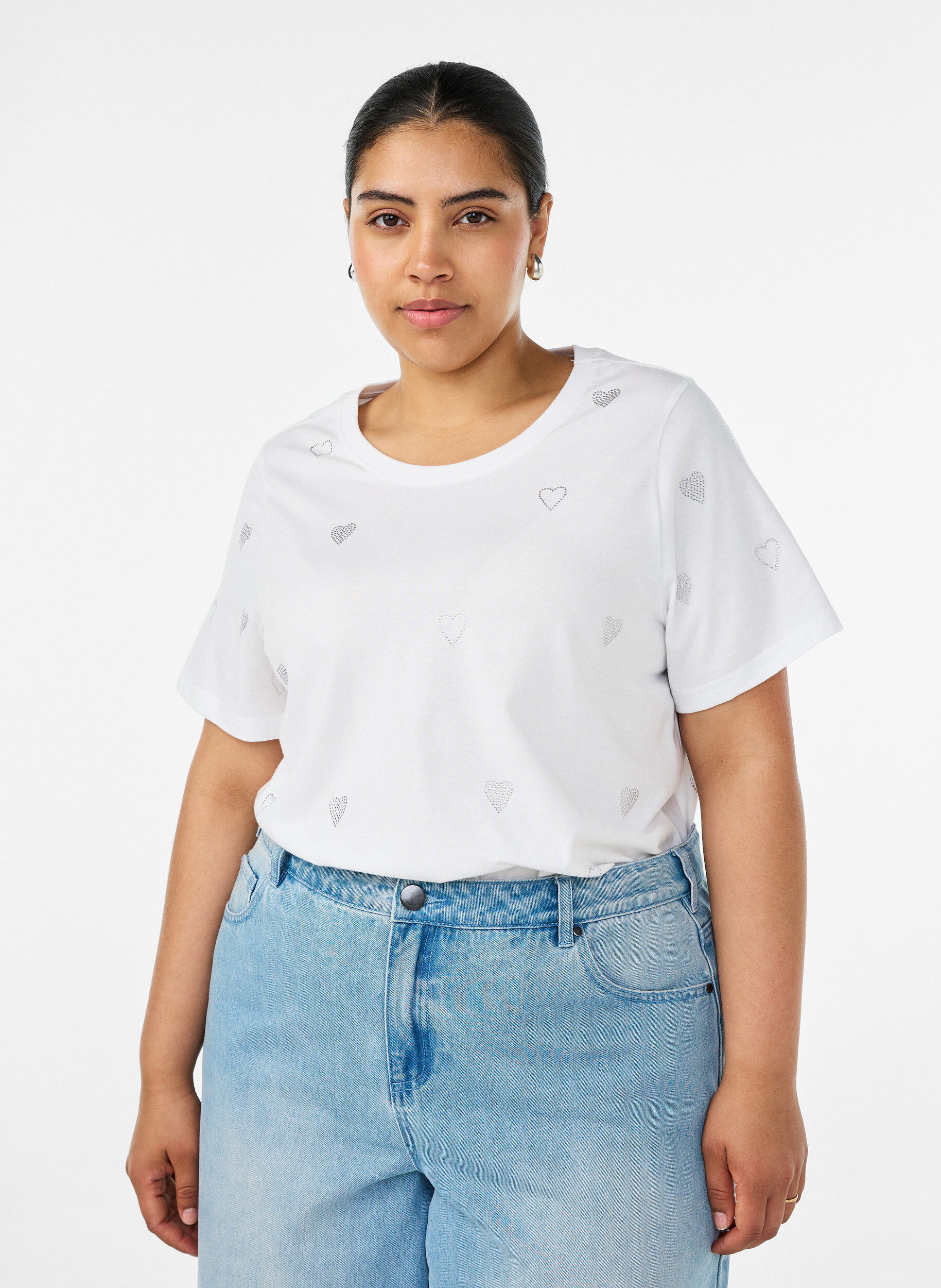Organisch katoenen T-shirt met hartjes, Wit, Model