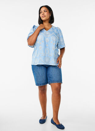 ZizziBlouse met broderie anglaise en korte pofmouwen, Blauw, Model image number 1