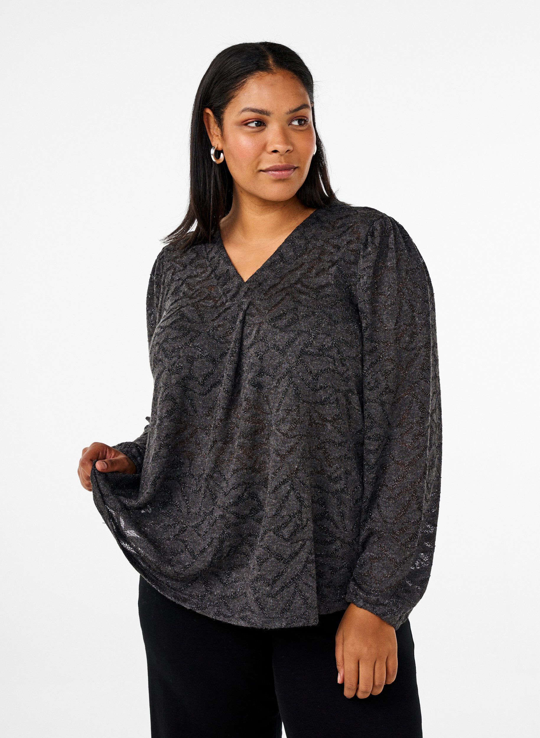 Blouse met lange mouwen met glitter en patroon, Grijs, Model