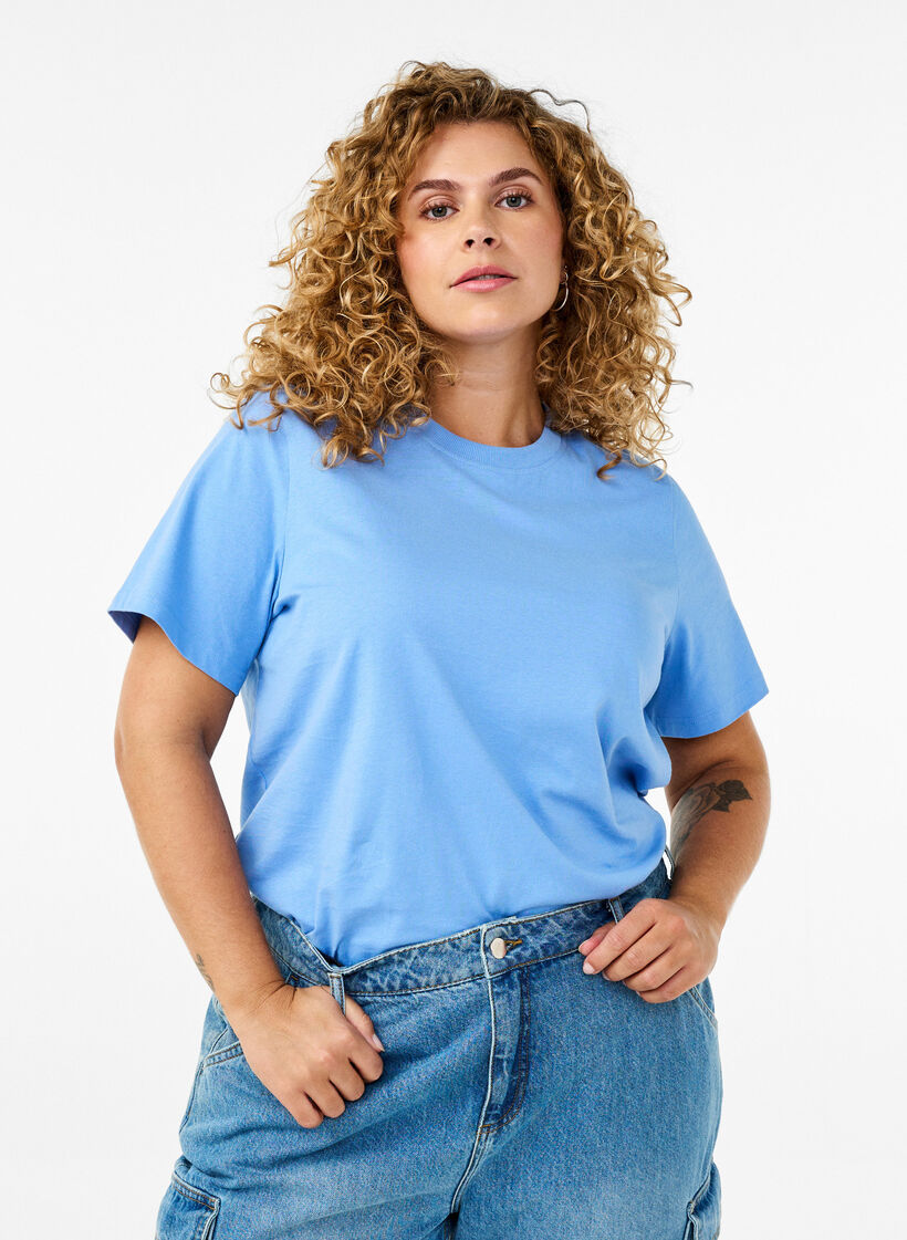 Basic katoenen T-shirt met ronde hals, Blauw, Model image number 0