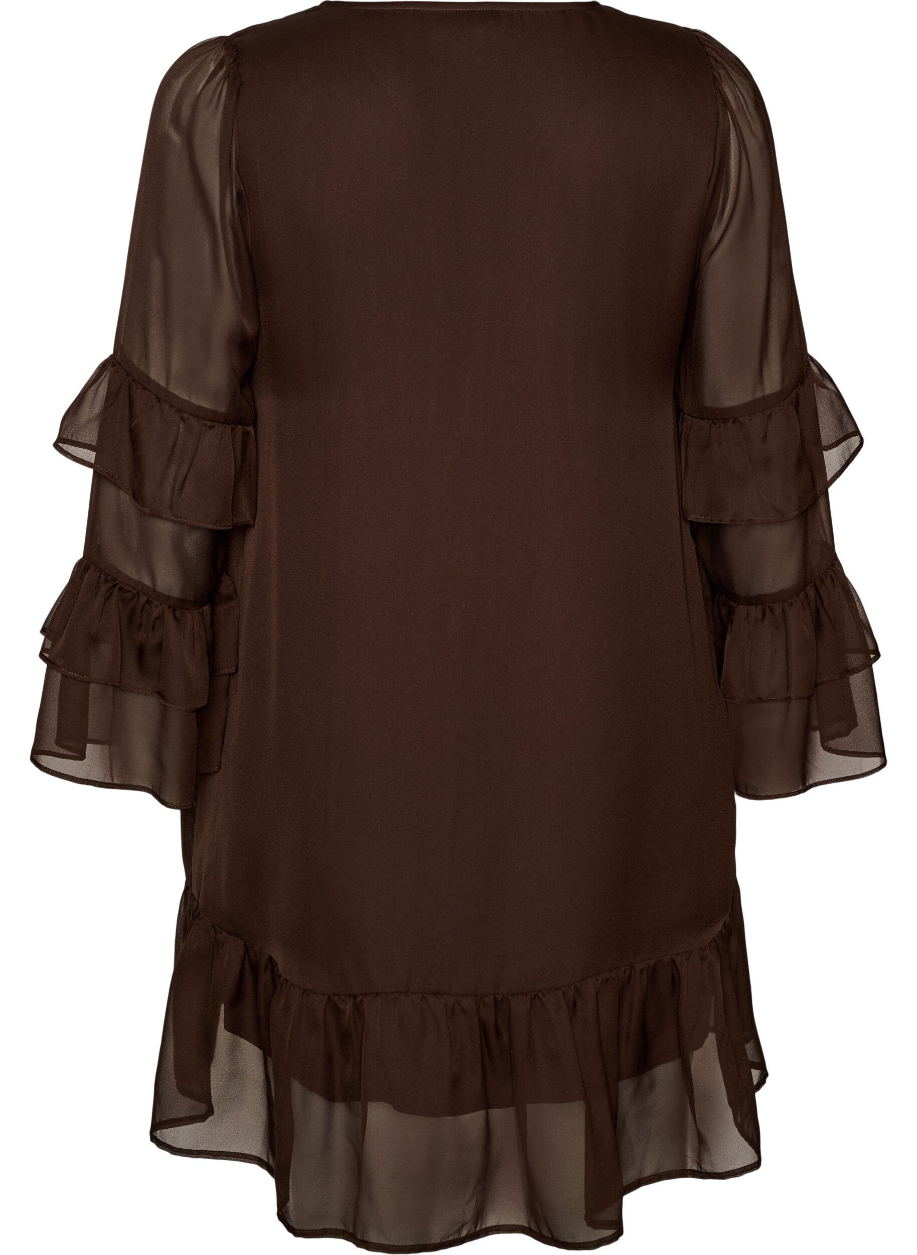 ZizziKorte jurk met transparante ruchesmouwen, Bruin, Packshot image number 1