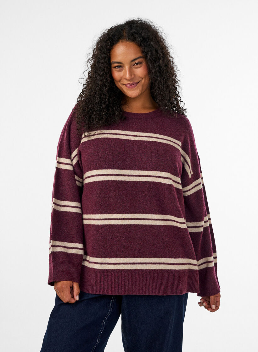 Gebreide blouse met dubbele contrasterende strepen, Rood, Model image number 0