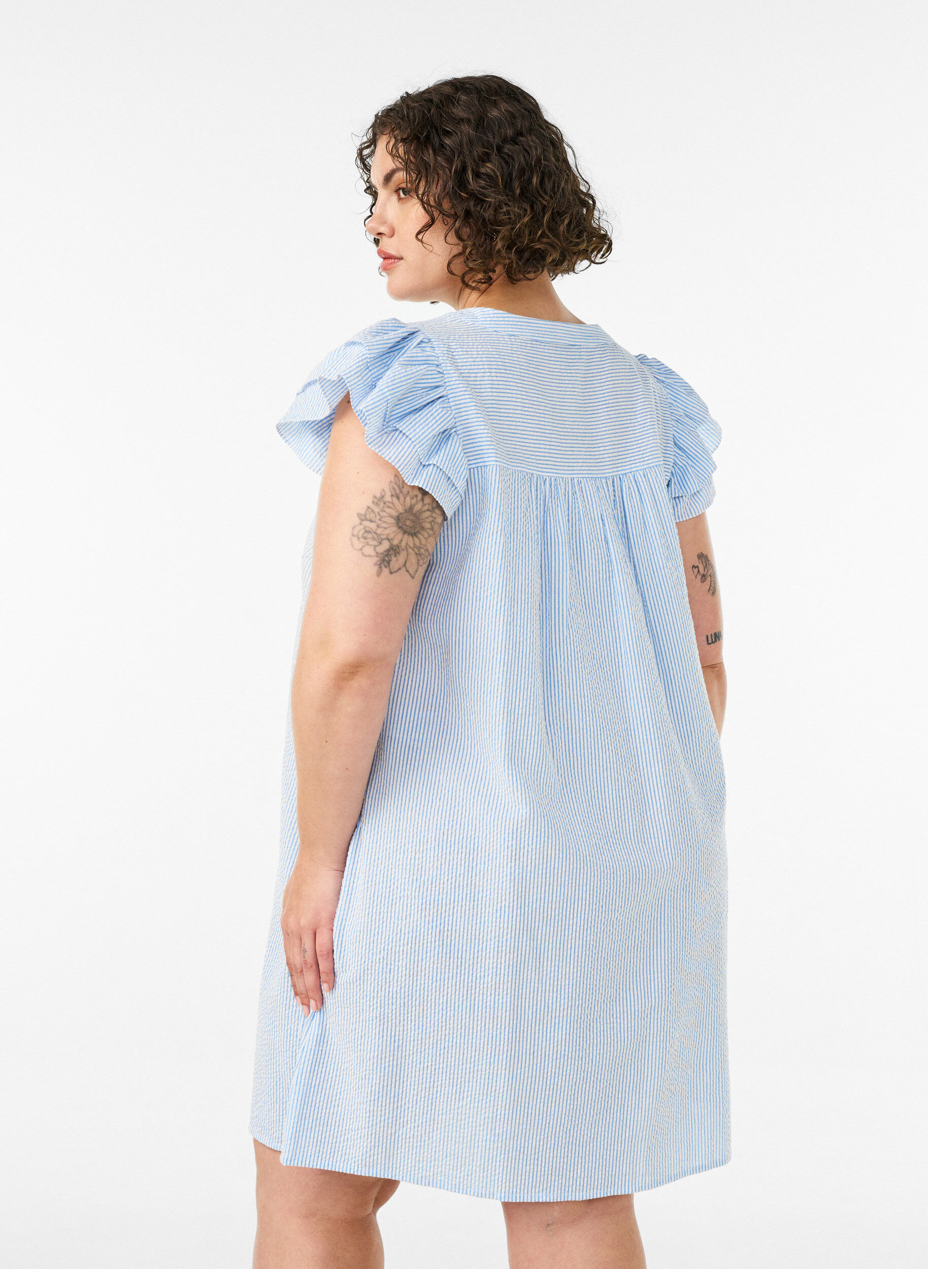 ZizziGestreepte katoenen jurk met ruches en een A-lijn pasvorm, Blauw, Model image number 2