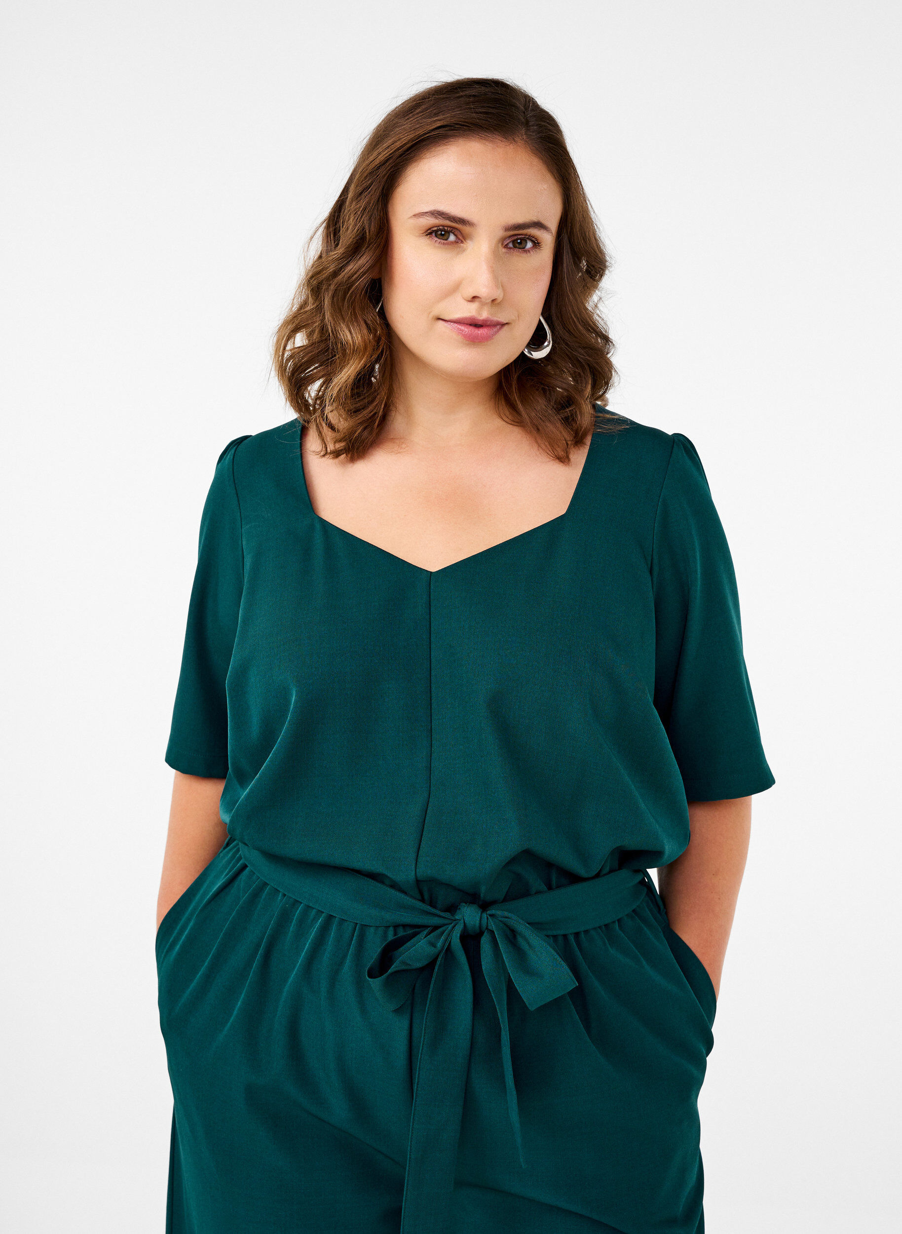 ZizziJumpsuit met riem en korte mouwen, Sea Moss Melange, Model image number 2