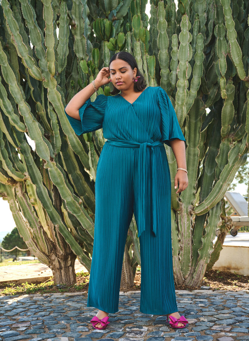 Geplooide jumpsuit met strik en wijde mouwen, Atlantic Deep, Image