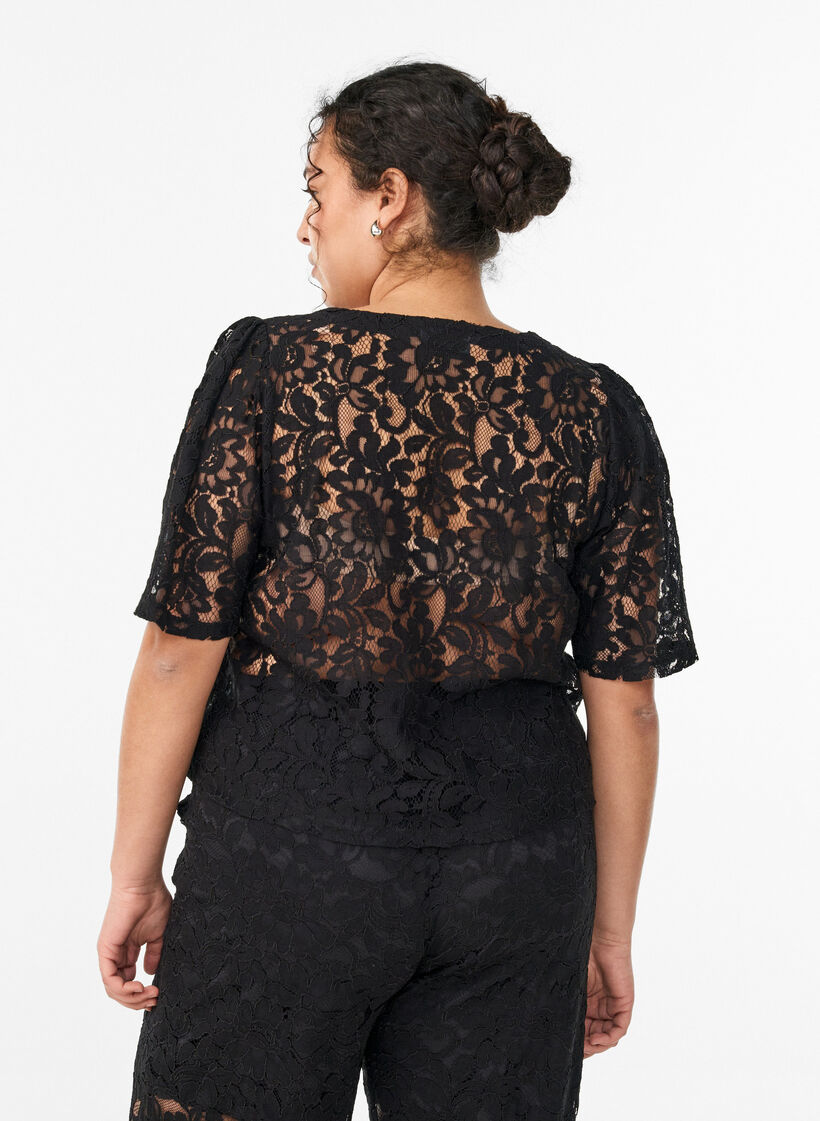 Kanten blouse met korte mouwen en V-hals, Zwart, Model image number 2