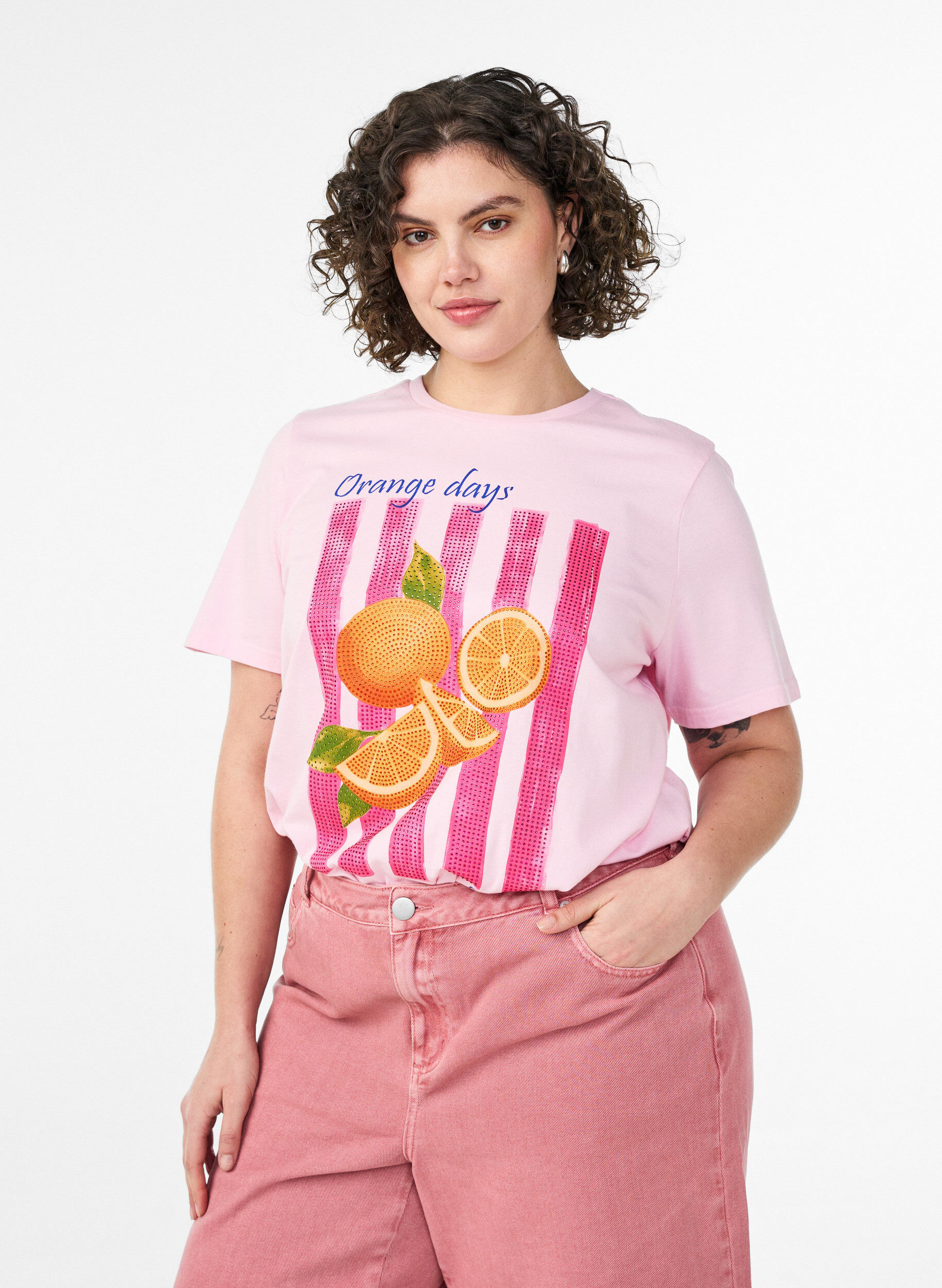 Organisch katoenen T-shirt met print aan de voorkant, Roze, Model