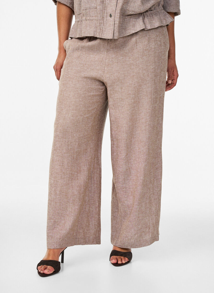Wijde linnen en viscose broek, Bruin, Model image number 2