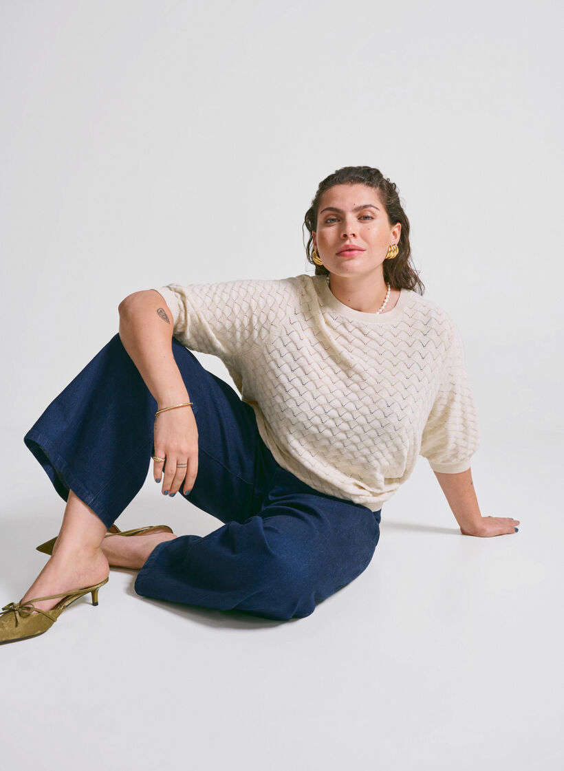 Gebreide blouse met opengewerkt patroon en korte mouwen, Birch Mel., Image