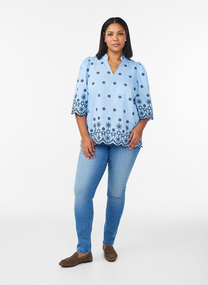 Blouse met 3/4 mouwen en geborduurd patroon, Blauw, Model image number 1