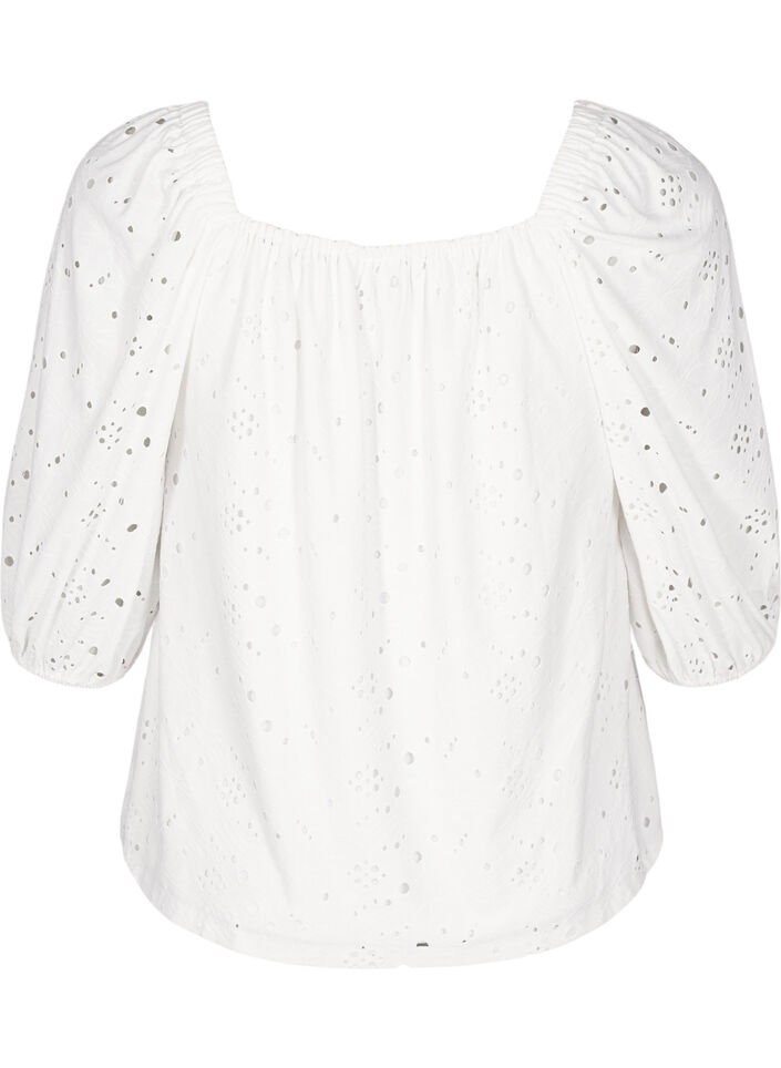Blouse met korte pofmouwen en een opengewerkt patroon, Bright White, Packshot