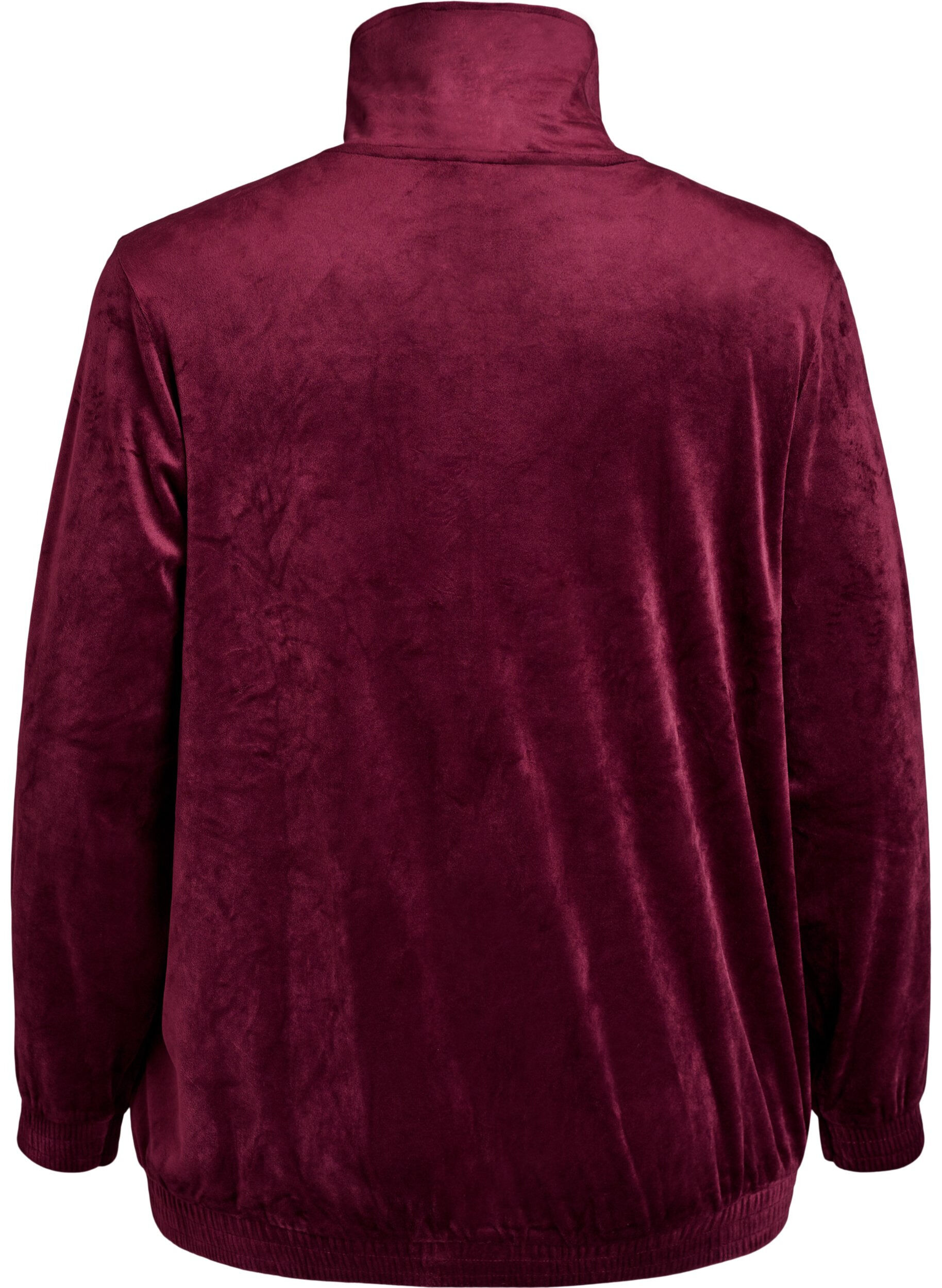 ZizziVelour cardigan met ritssluiting en hoge kraag, Donker Bordeaux, Packshot image number 1