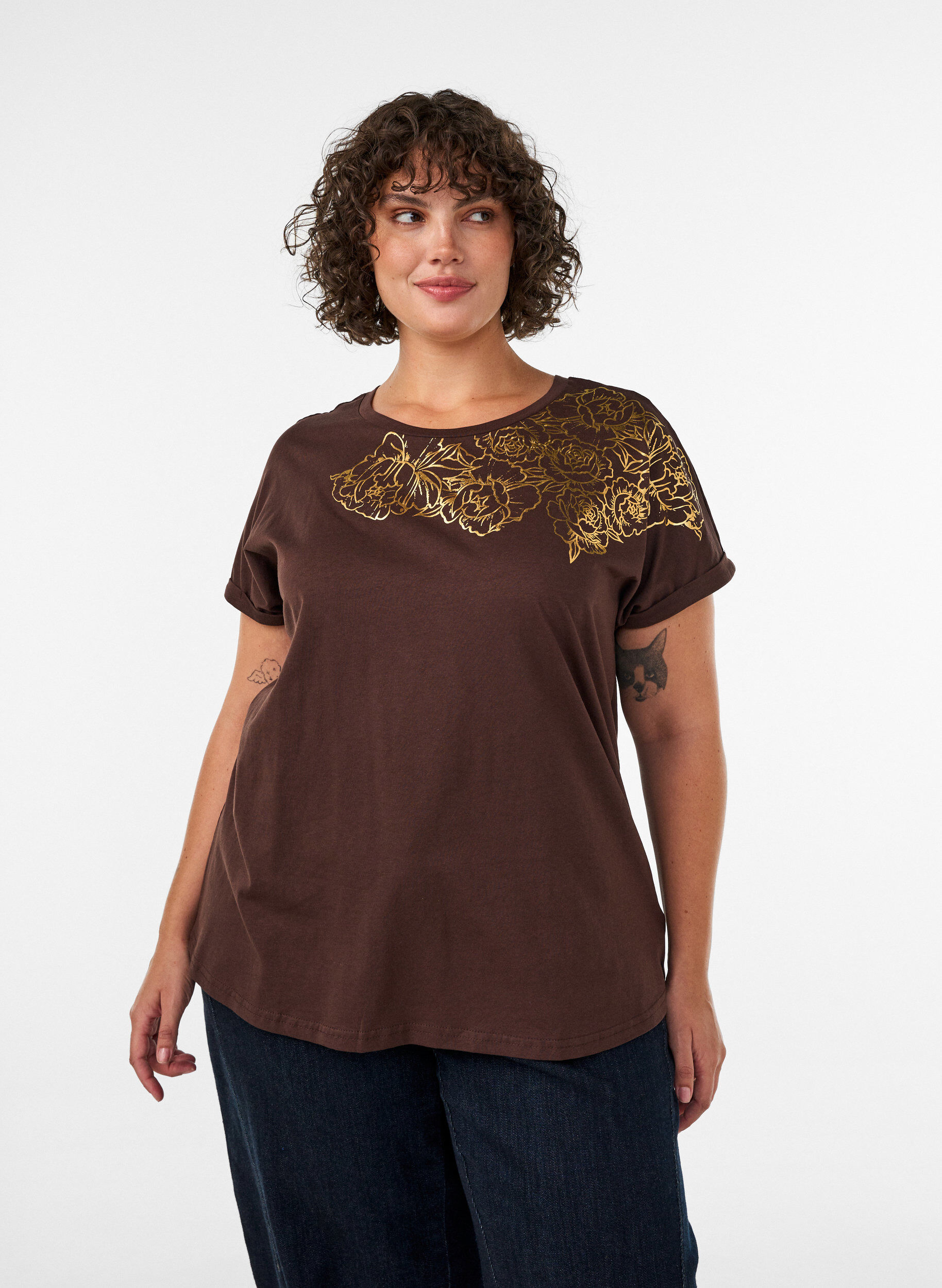 Katoenen T-shirt met bloemenprint, Bruin, Model