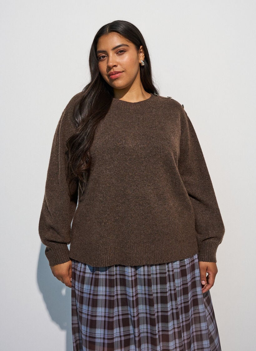 Breisel blouse met knoopdetail, Bruin, Model image number 0