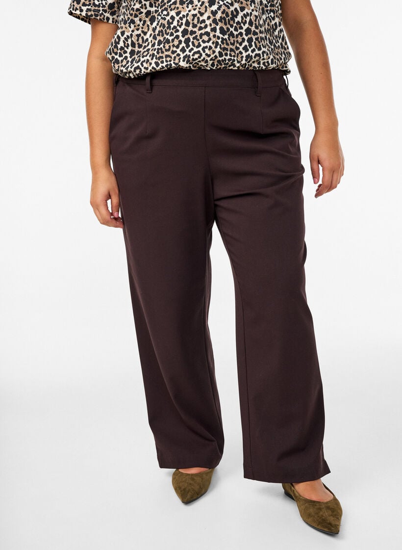 Broek met hoge taille en elastische tailleband achteraan, Bruin, Model image number 2