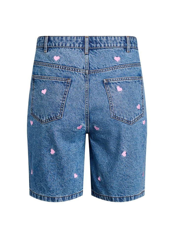 Korte spijkerbroek met hoge taille en geborduurde hartjes, Light B. Pink Heart Korte spijkerbroek met hoge taille en geborduurde hartjes, Light B. Pink Heart, Packshot