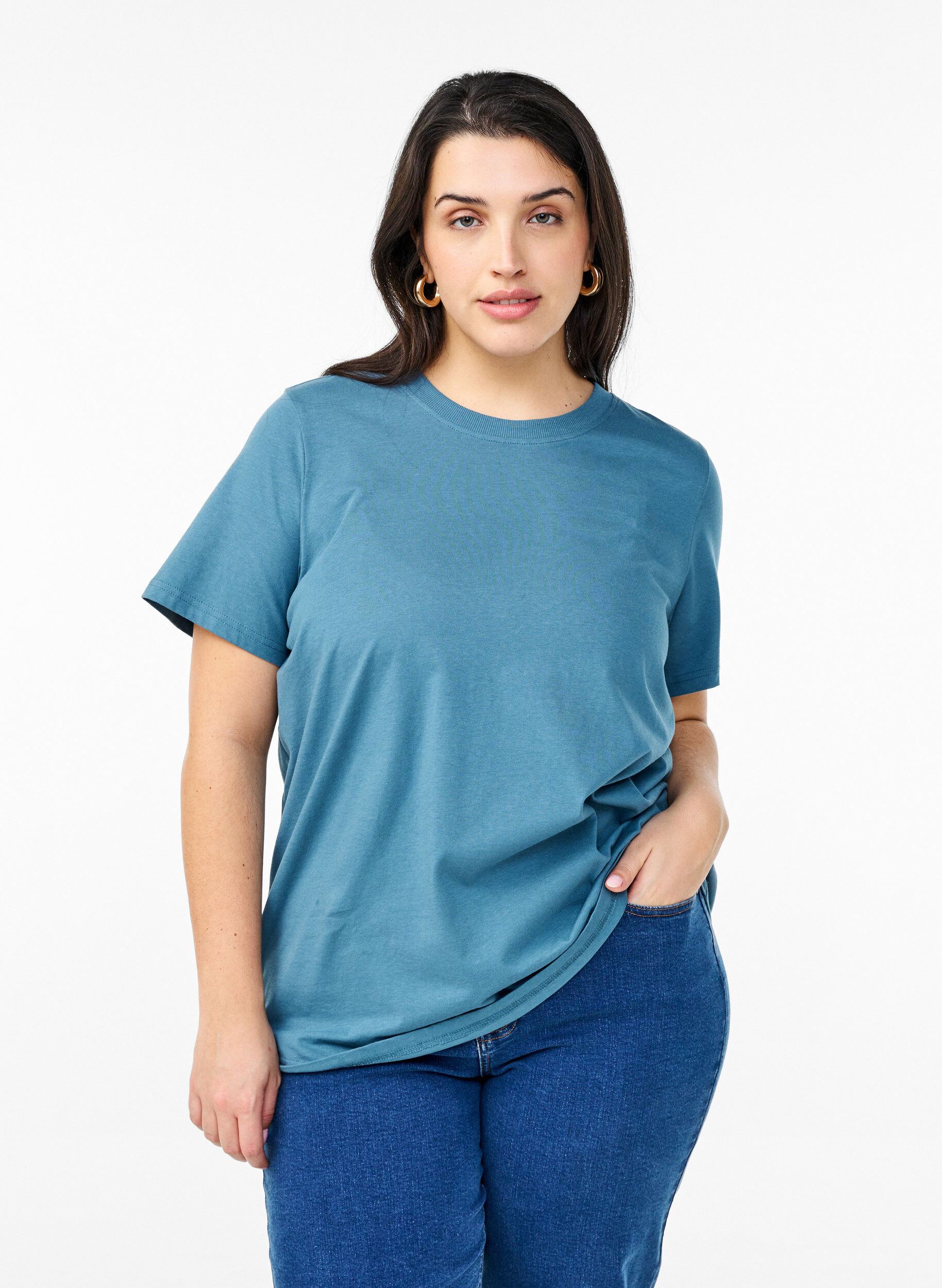 Basic katoenen T-shirt met ronde hals, Grijs, Model