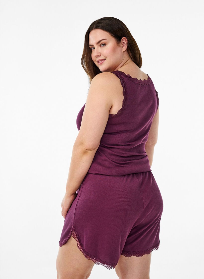 Lichte nachtshorts met ribde structuur en kanten afwerking, Donker Bordeaux, Model image number 2