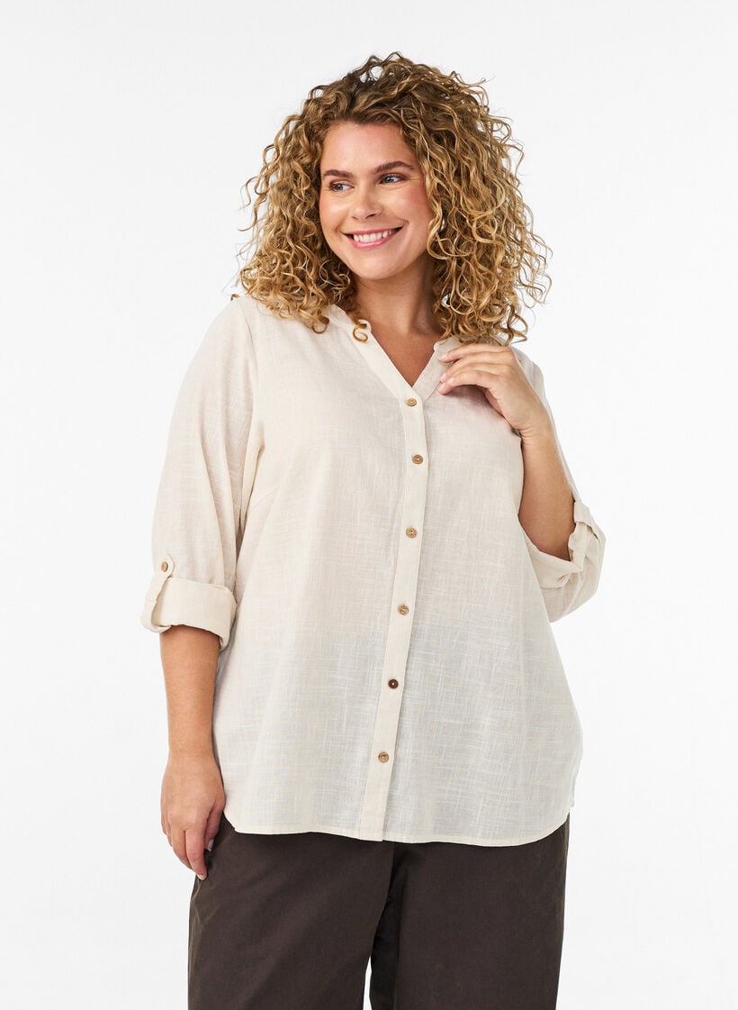 Katoenen blouse met een V-hals, Vanille, Model image number 0