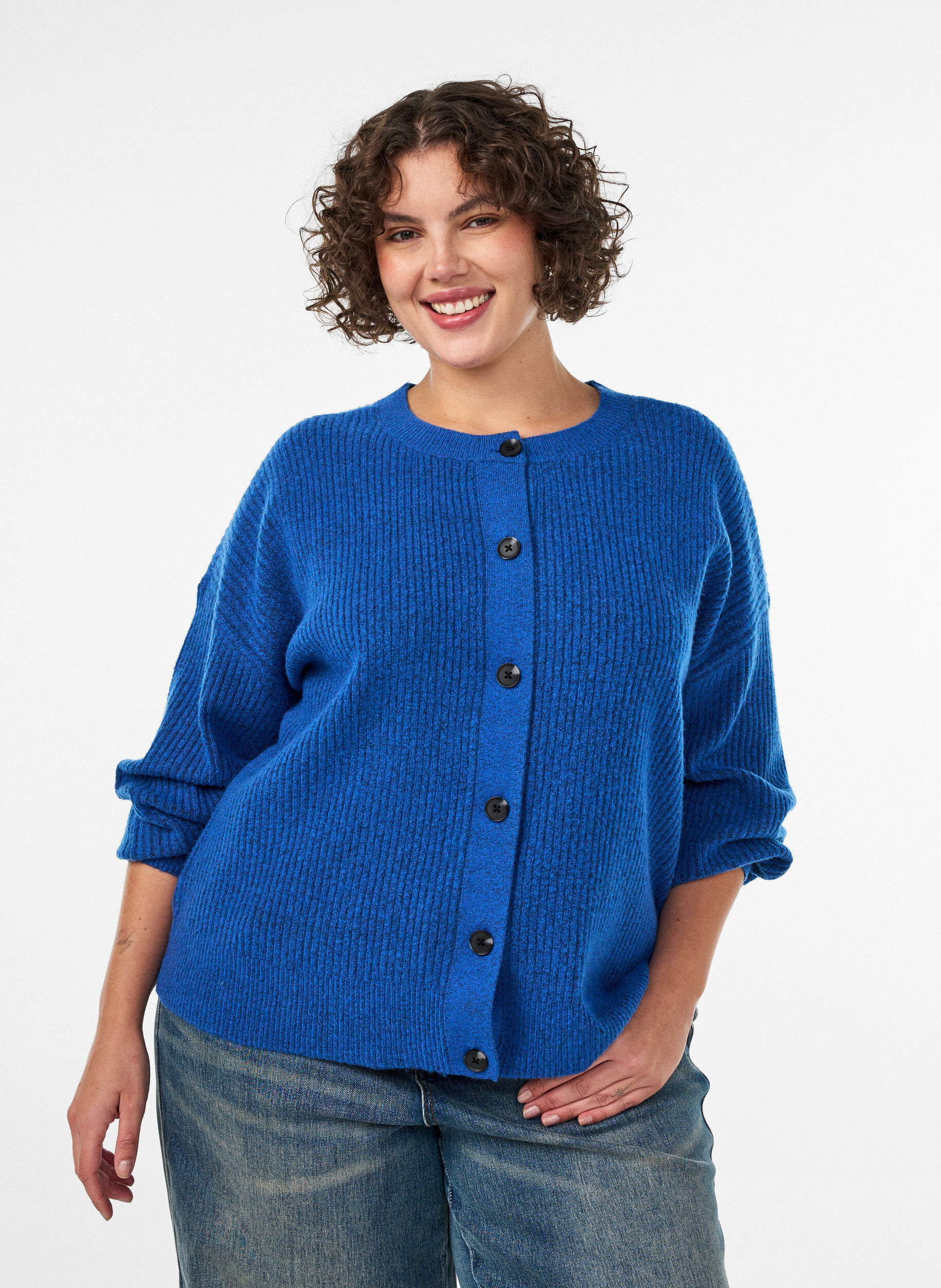 Geribde cardigan met knopen, Blauw, Model