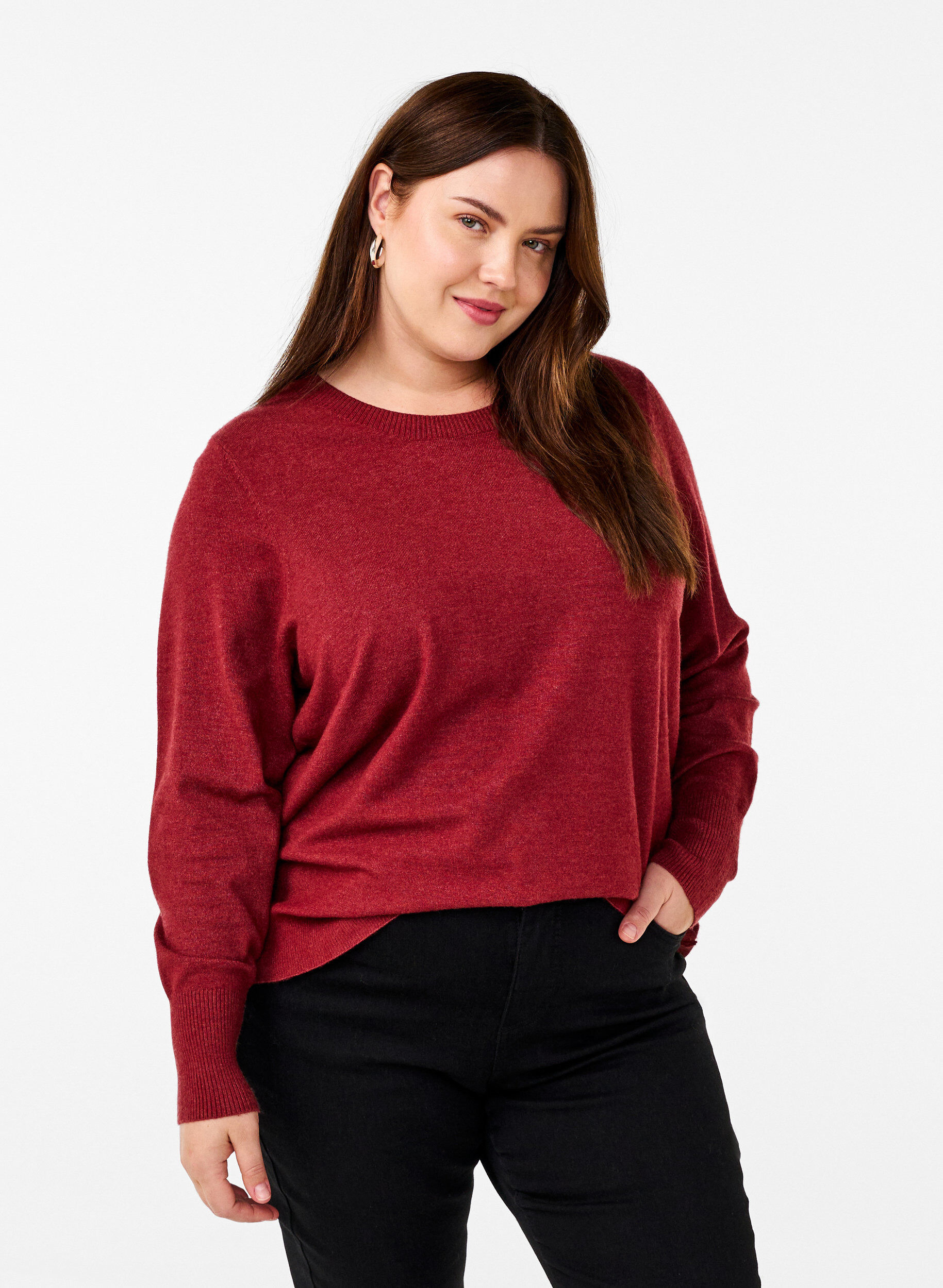 Gebreide blouse met ronde hals, Rood, Model