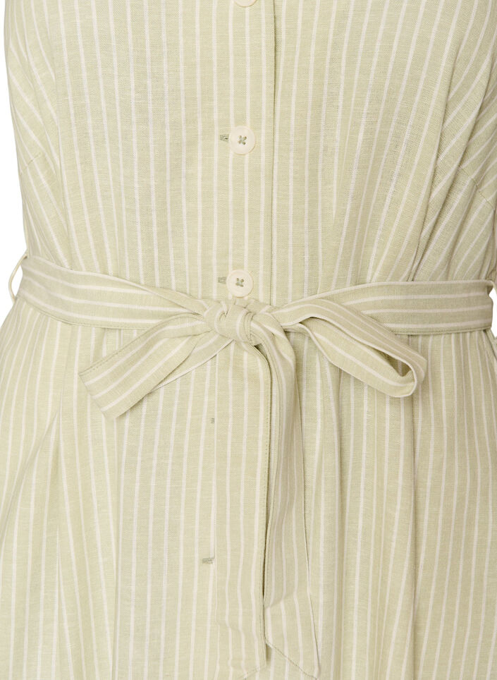 Mouwloze gestreepte midi jurk in linnen en viscose, Groen, Packshot image number 2