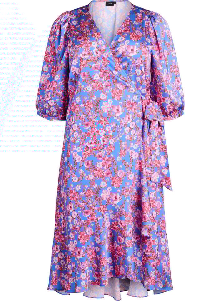 Omslagjurk met bloemenprint met 3/4 mouwen, Blauw, Packshot image number 0