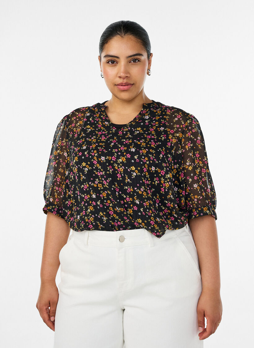 Blouse met bloemenprint en V-hals, Zwart, Model image number 0